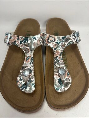 Birkenstock Paisley T-Strap Sandals in White, Teal, and Coral